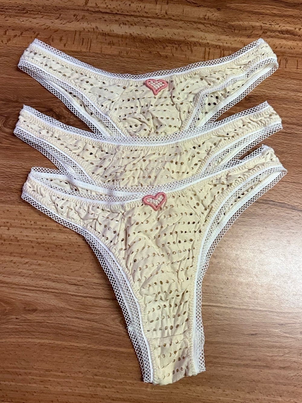 Set of 3 Cream Eyelet Brazilian Panties with Pink Heart Accent